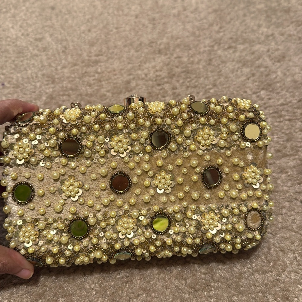 Vintage women wedding party golden beads sequins shiny velvet hand clutch #550